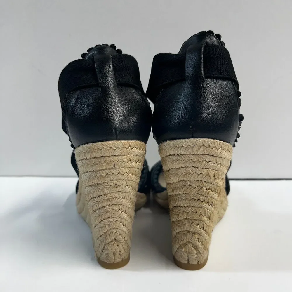 CLUB‎ MONACO Llullo Wedge Sandals Espadrilles Size 40 Black Leather NWOB